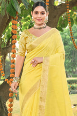 Yellow  Cotton Solid Saree