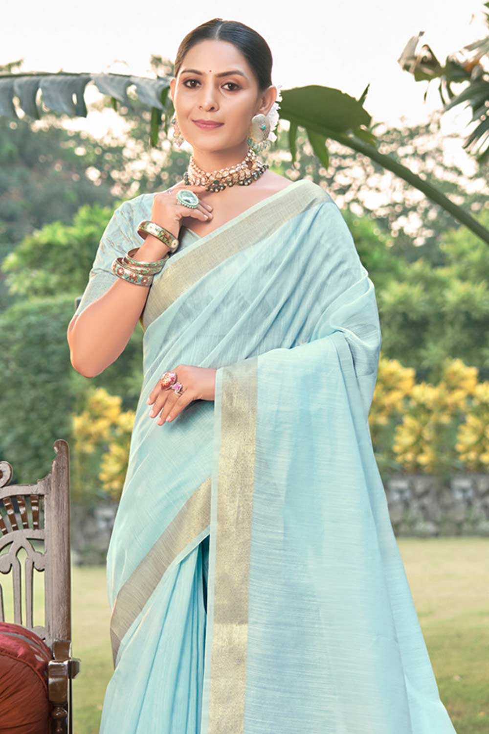 Blue Cotton Solid Saree