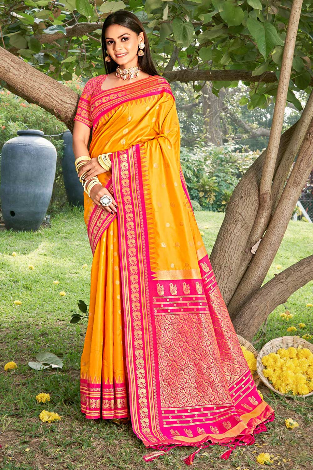 Yellow  Paithani Silk Woven Saree