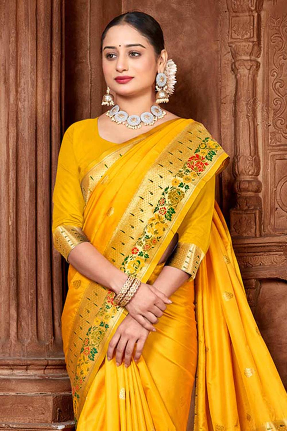 Yellow  Paithani Silk Woven Saree