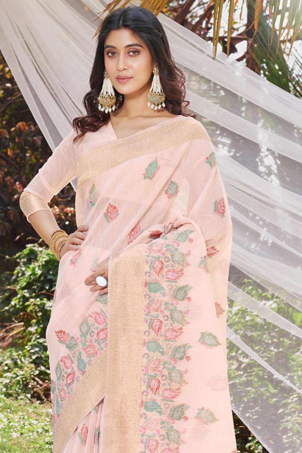 Pink Cotton Floral Saree