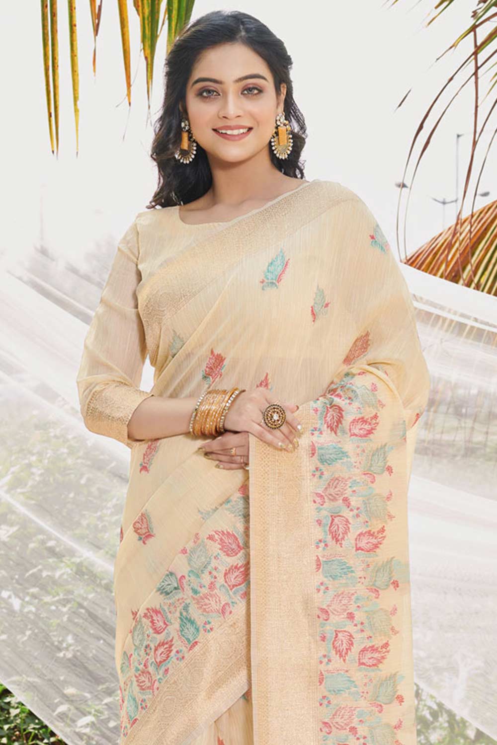 Peach Cotton Floral Saree