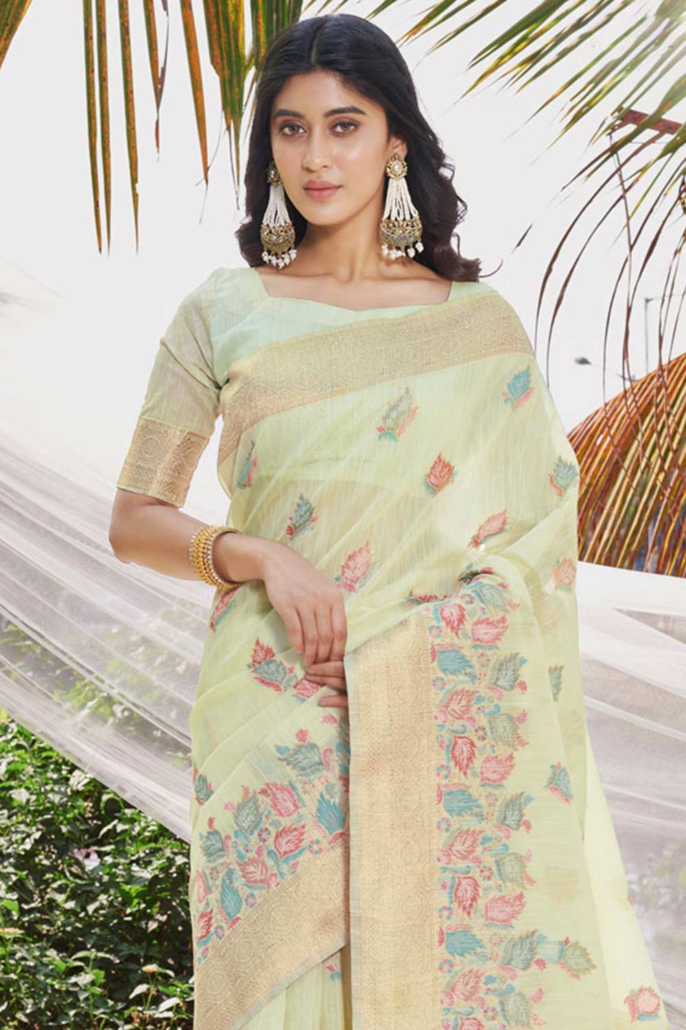 Green Cotton Floral Saree