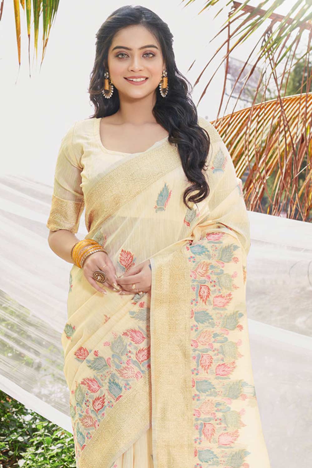 Peach Cotton Floral Saree