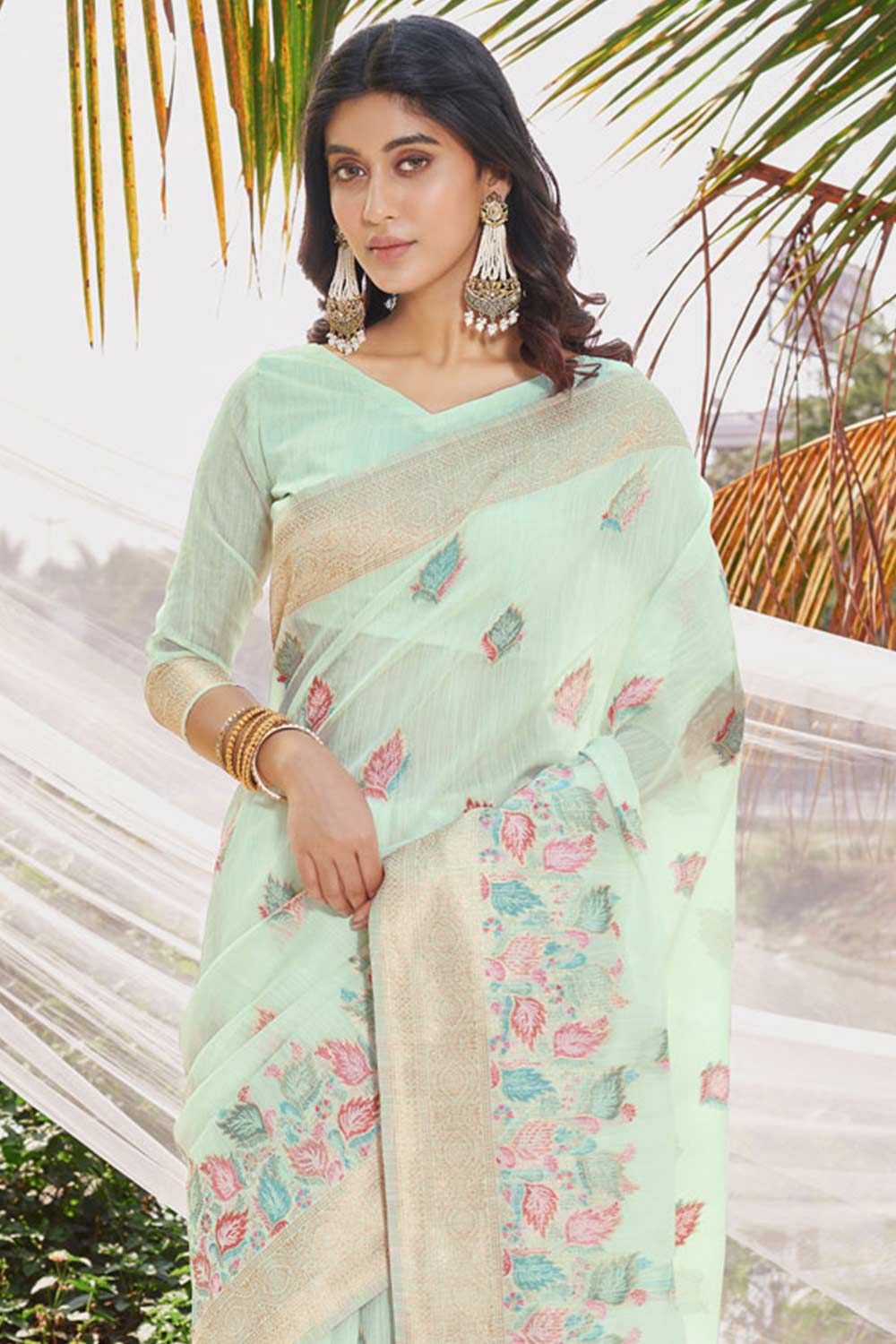 Green Cotton Floral Saree