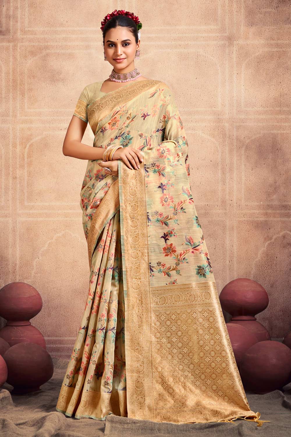 Beige Cotton Woven Saree