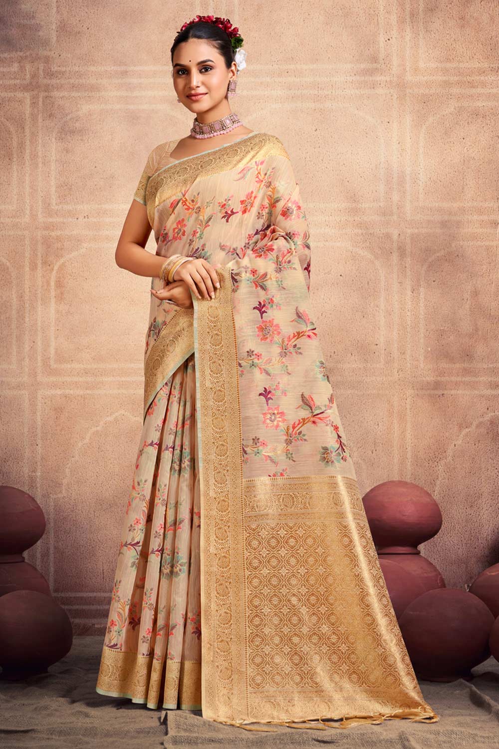 Peach Cotton Woven Saree