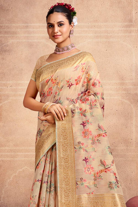 Peach Cotton Woven Saree