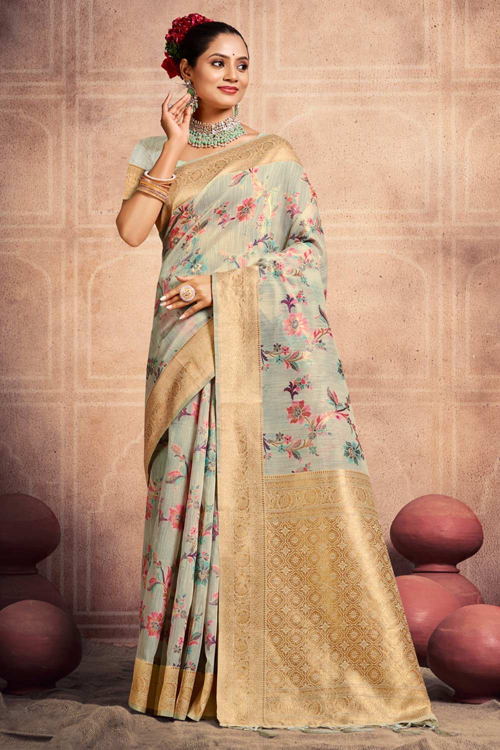 Grey Cotton Woven Saree