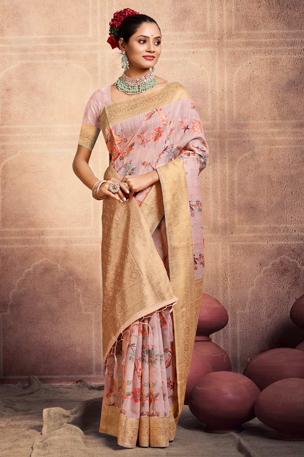 Pink Cotton Woven Saree