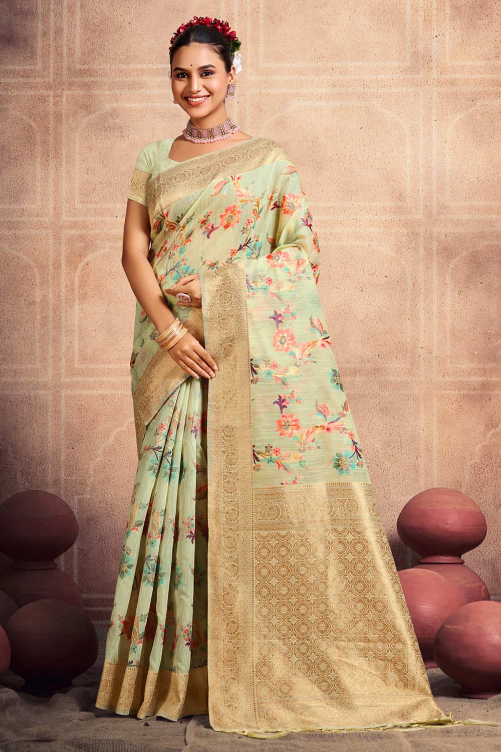 Green Cotton Woven Saree