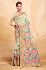 Green Cotton Floral Saree