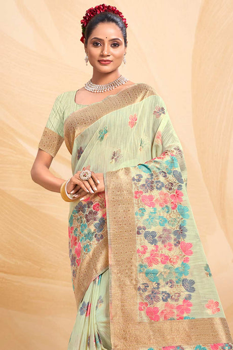 Green Cotton Floral Saree