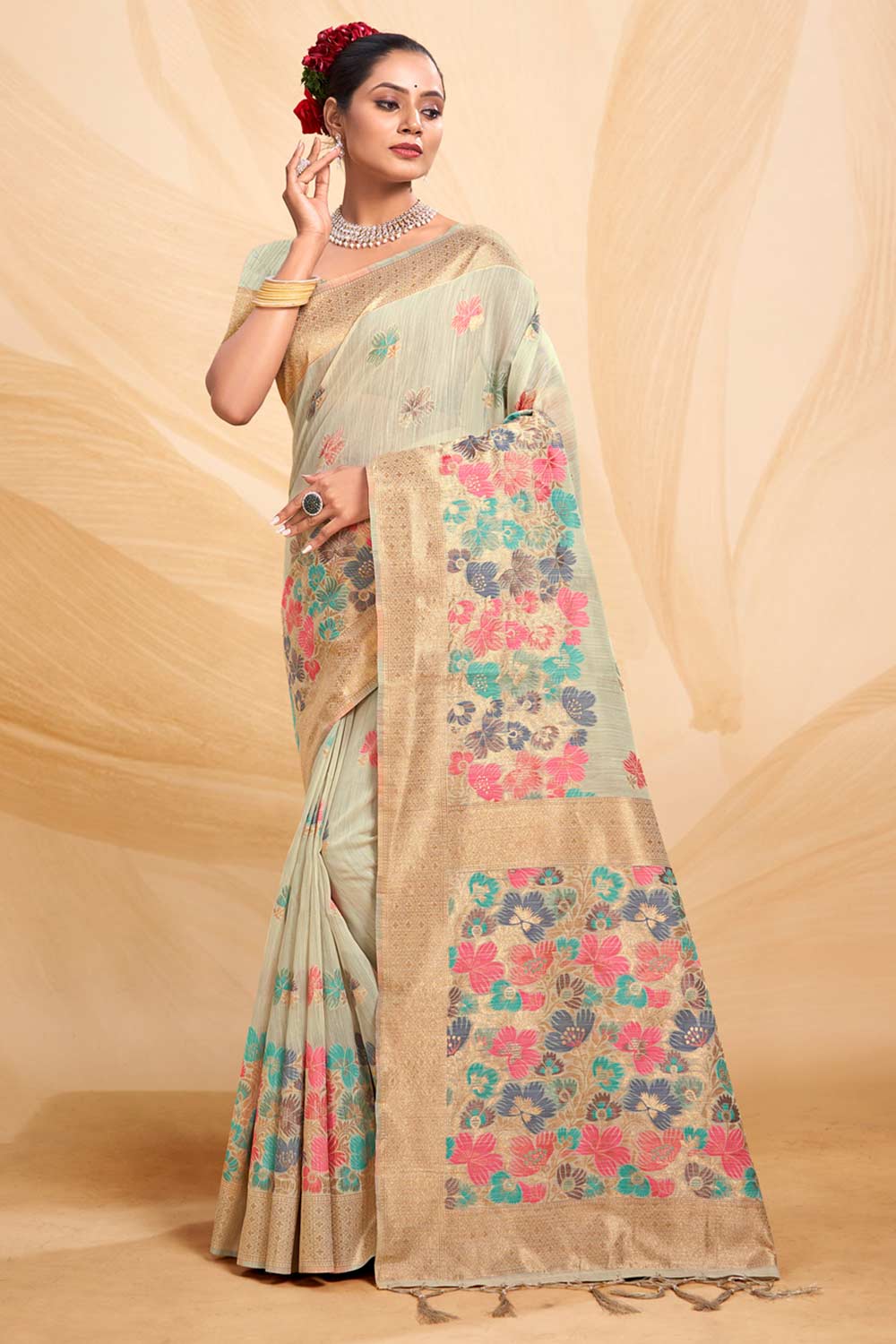 Green Cotton Floral Saree