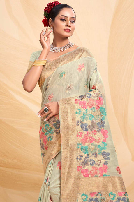 Green Cotton Floral Saree