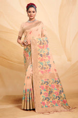 Peach Cotton Floral Saree