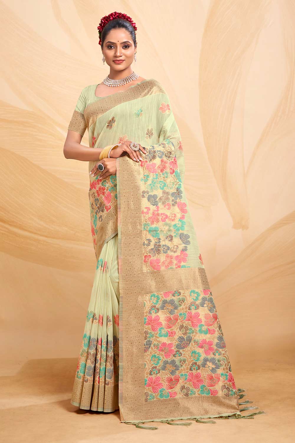 Green Cotton Floral Saree