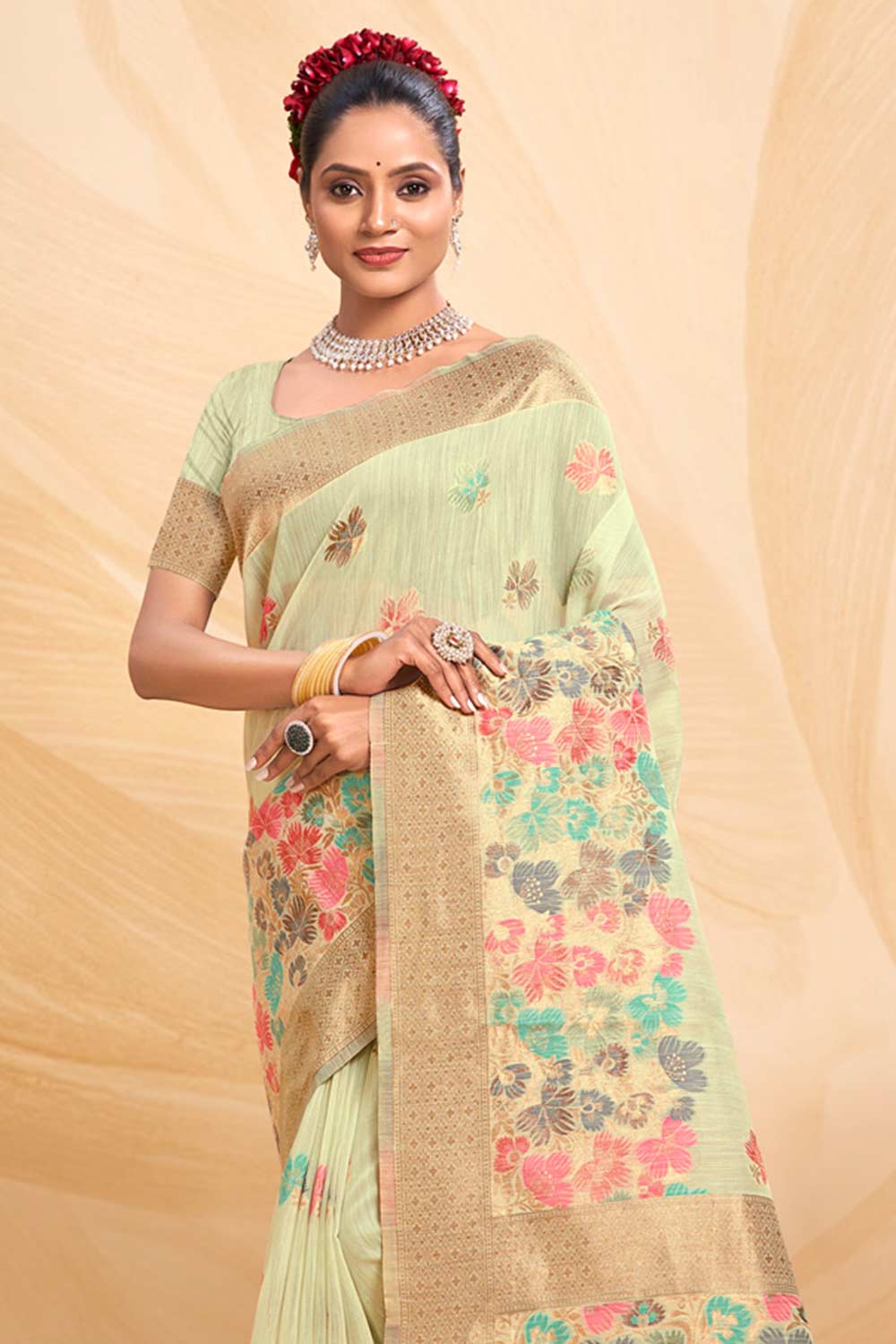 Green Cotton Floral Saree