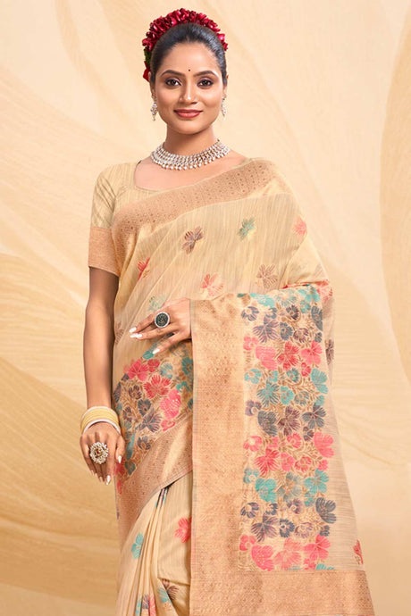 Peach Cotton Floral Saree