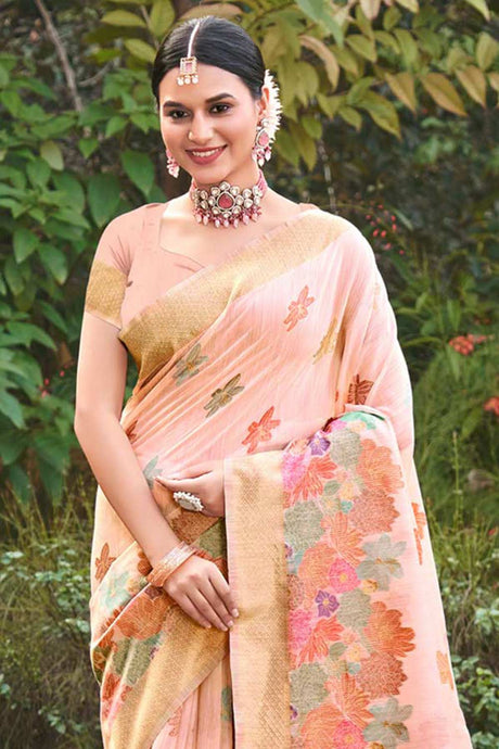 Peach Cotton Floral Saree