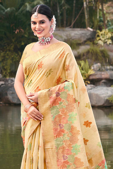 Peach Cotton Floral Saree