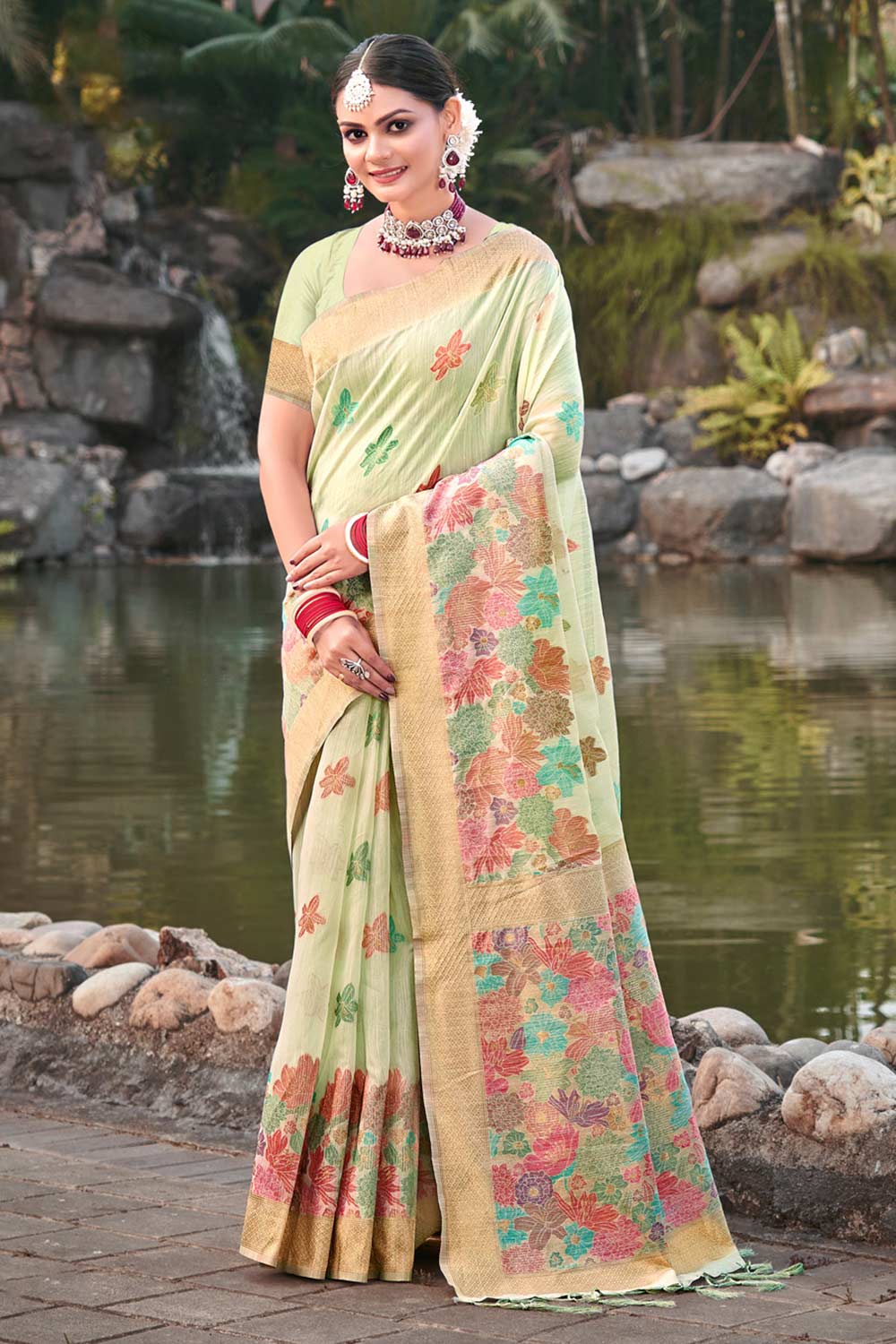 Green Cotton Floral Saree