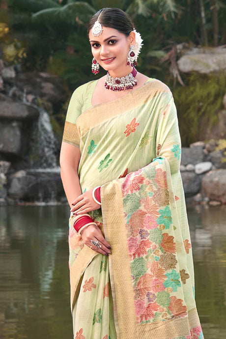 Green Cotton Floral Saree