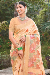 Peach Cotton Floral Saree