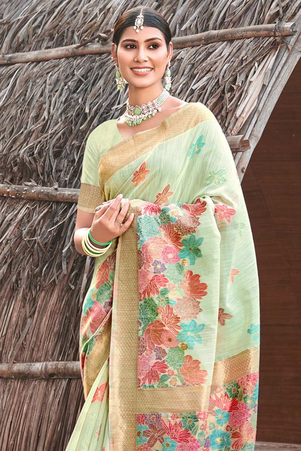 Sea Green Cotton Floral Saree