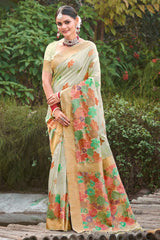 Green Cotton Floral Saree