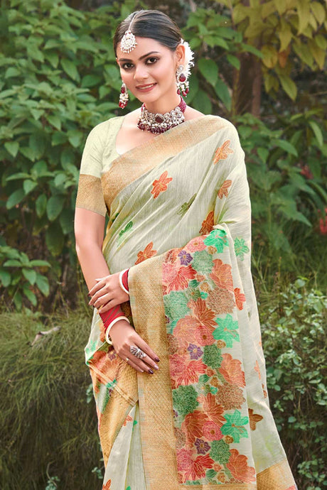 Green Cotton Floral Saree