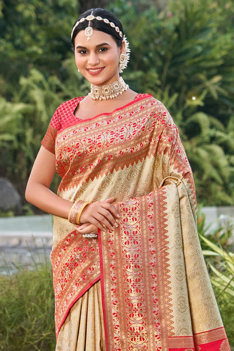 Cream Kanjivaram Silk Woven Saree