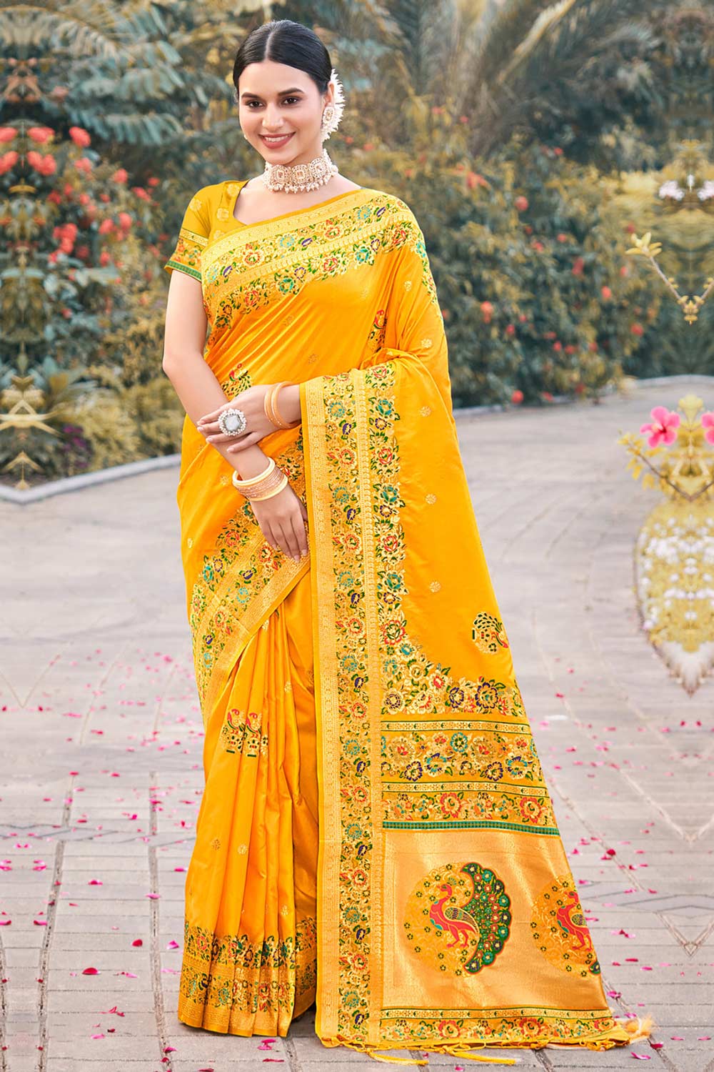 Yellow  Paithani Silk Woven Saree