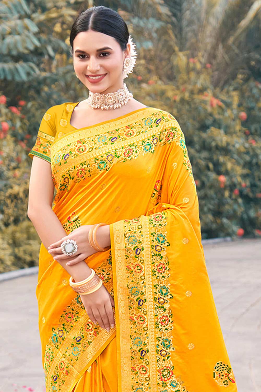 Yellow  Paithani Silk Woven Saree