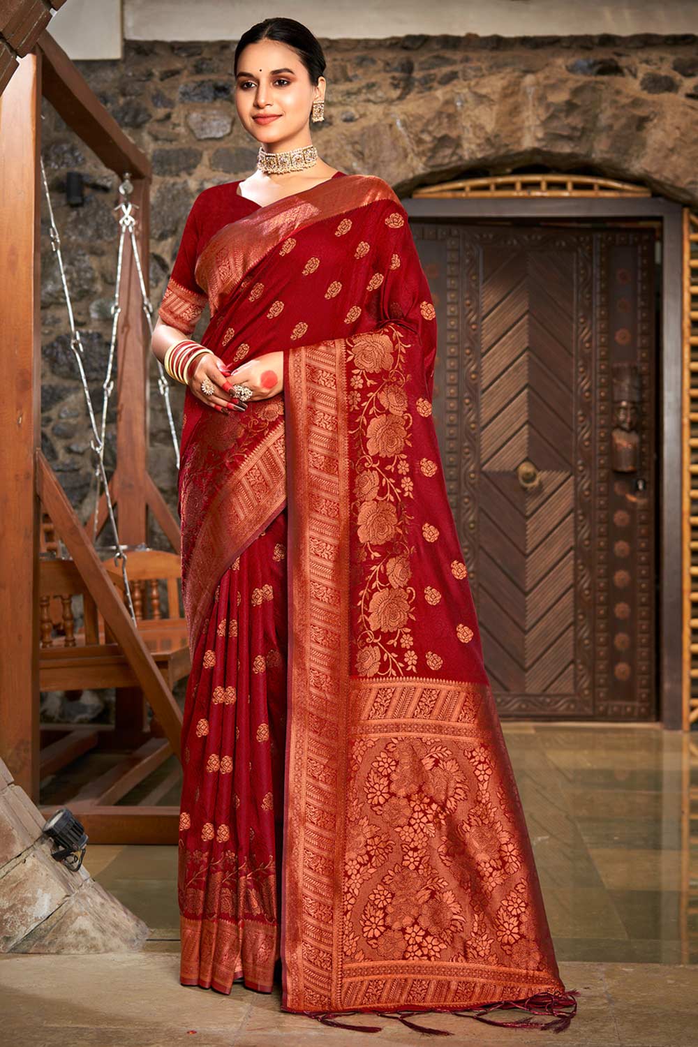 Maroon Silk Woven Saree