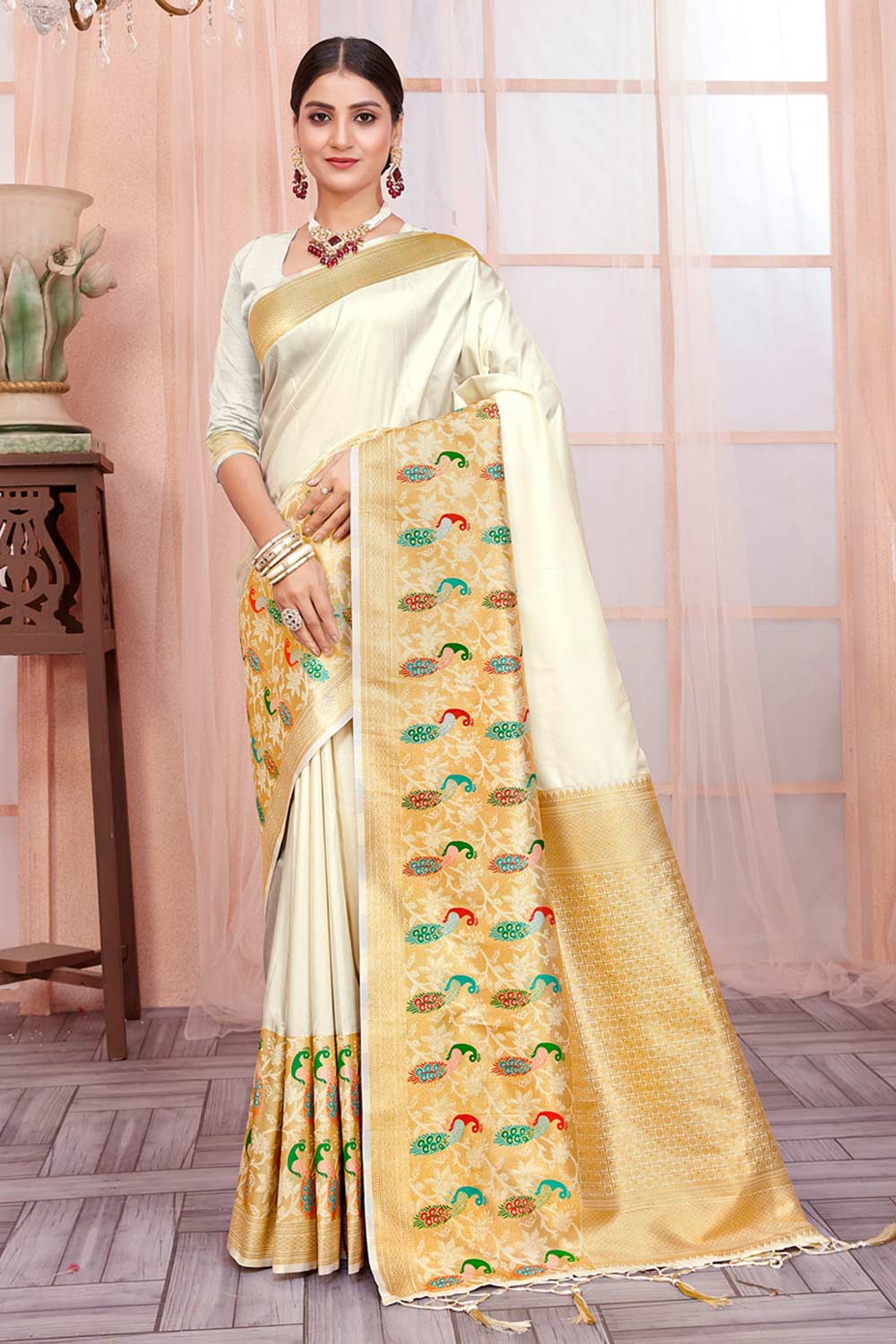 White Paithani Silk Woven Saree