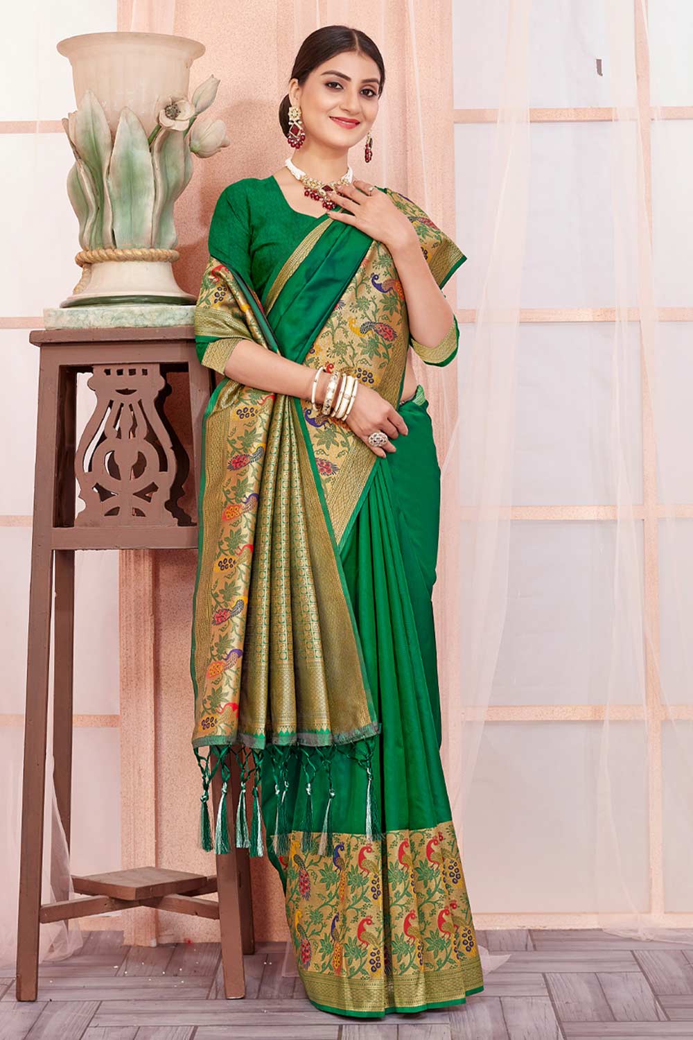 Green Paithani Silk Woven Saree