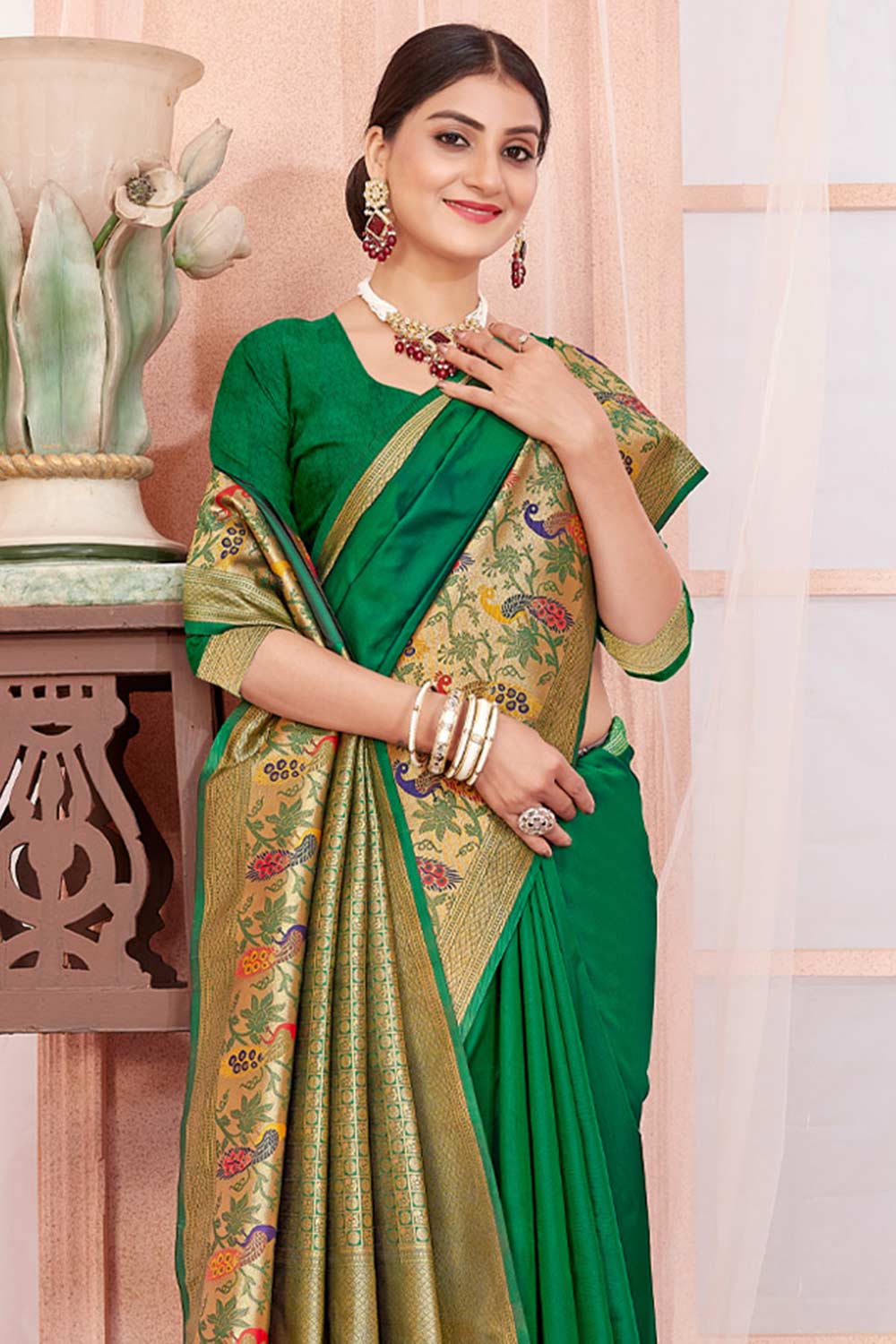 Green Paithani Silk Woven Saree