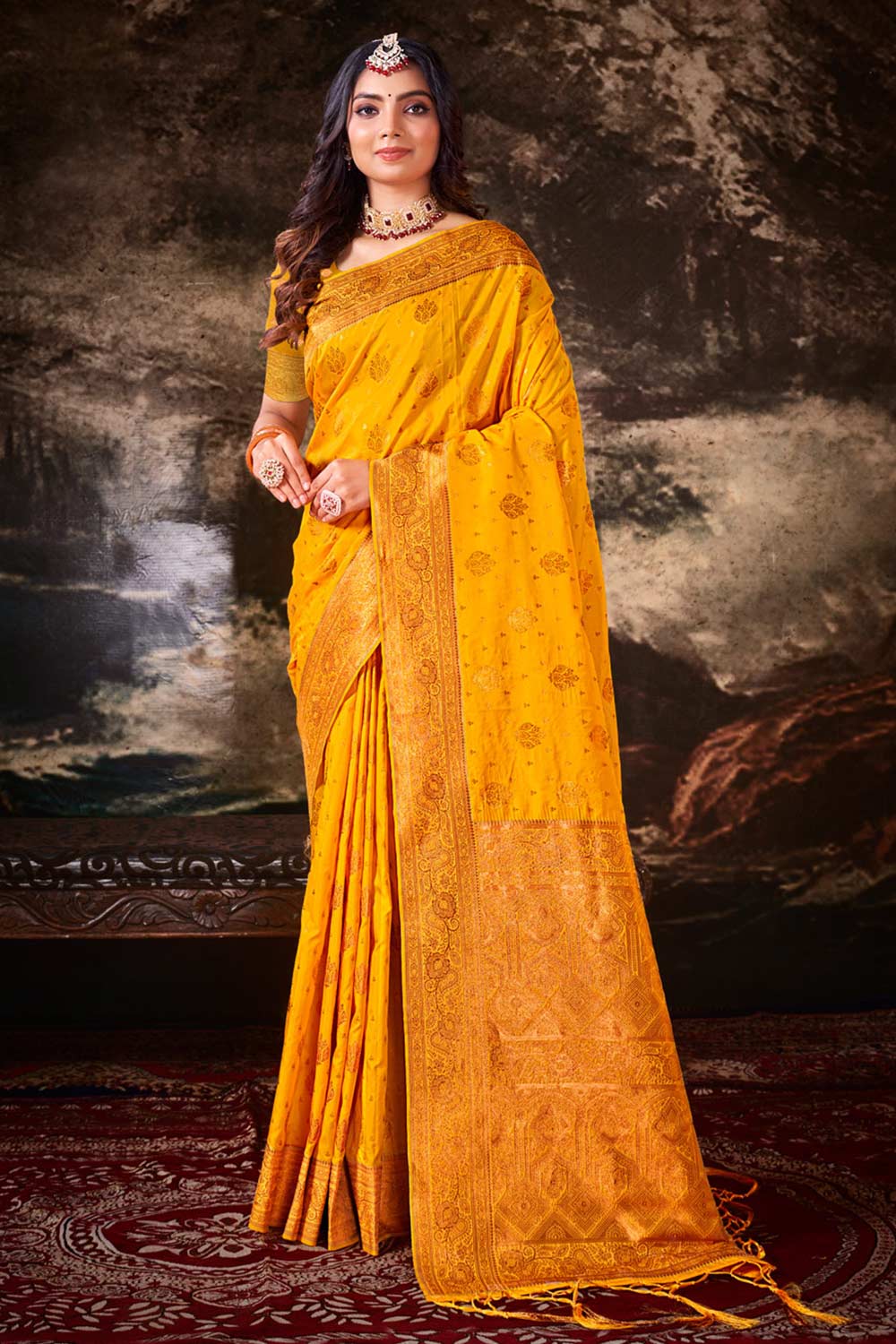 Yellow  Silk Woven Saree