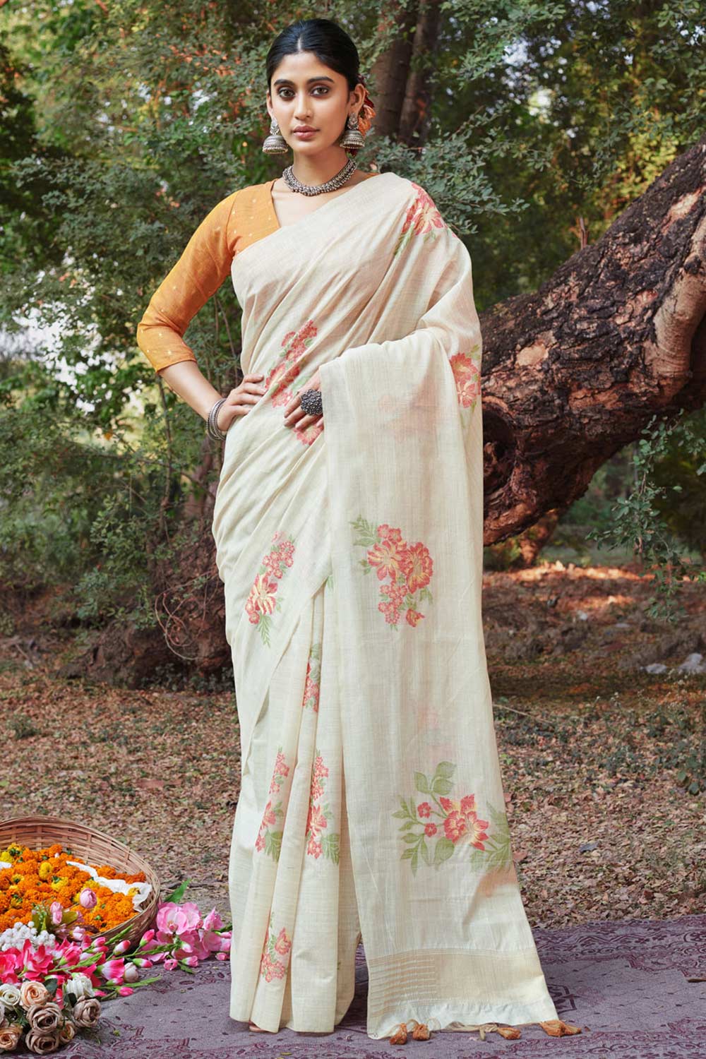 White Cotton Floral Saree