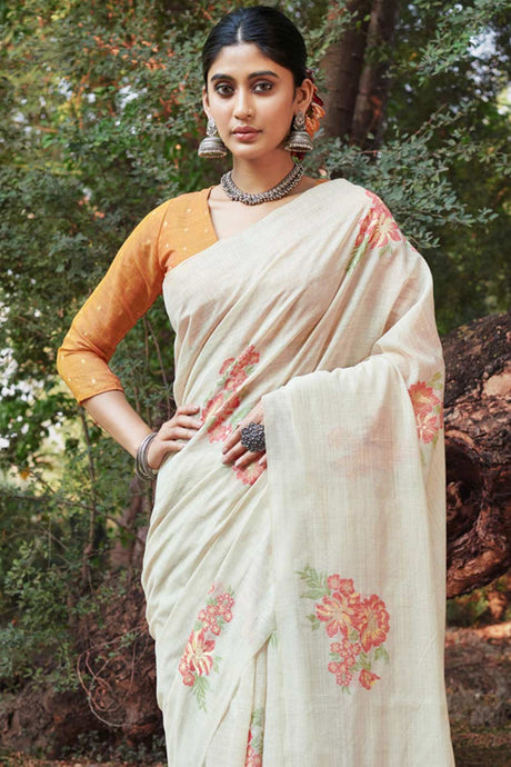 White Cotton Floral Saree