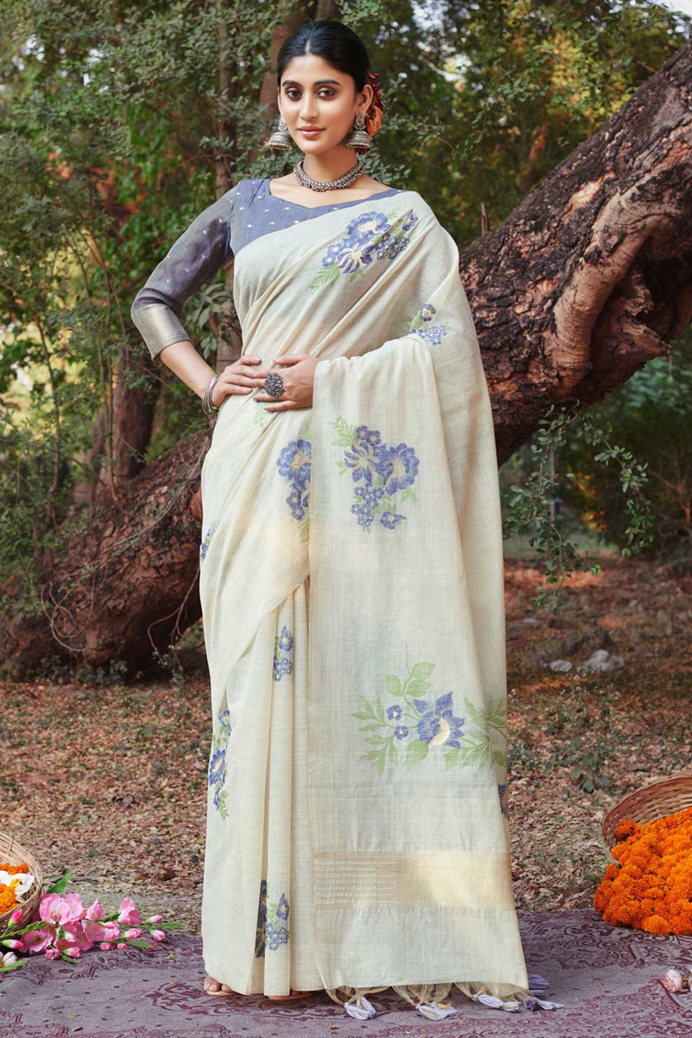 White Cotton Floral Saree