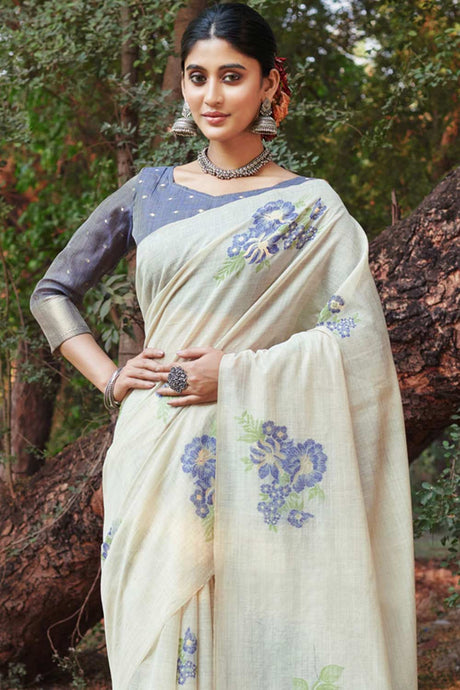 White Cotton Floral Saree