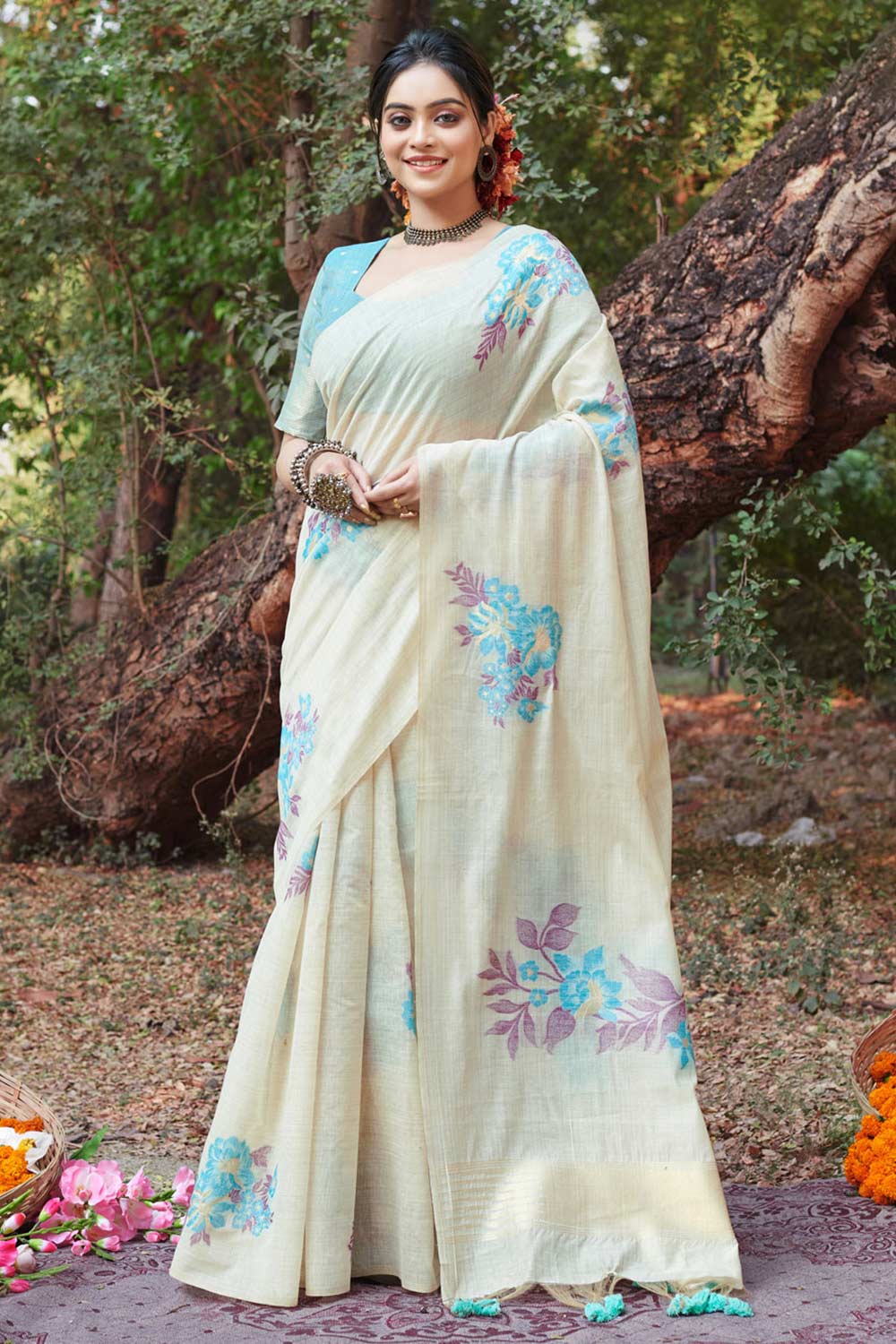 White Cotton Floral Saree