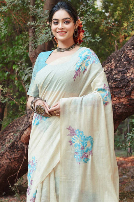 White Cotton Floral Saree