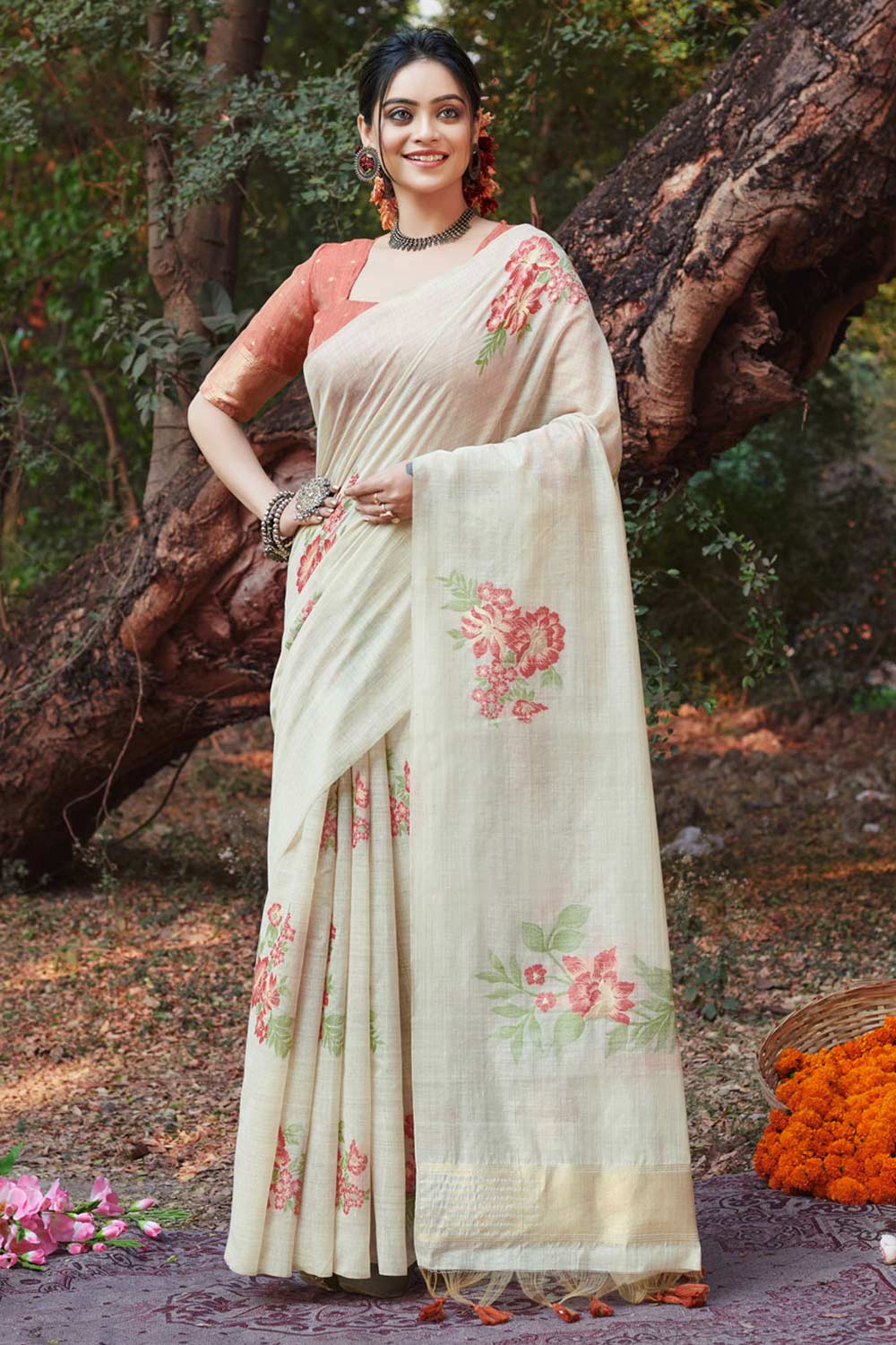 White Cotton Floral Saree