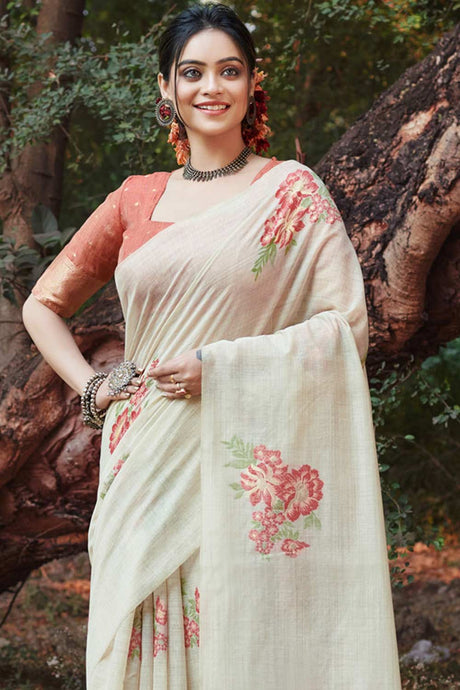 White Cotton Floral Saree