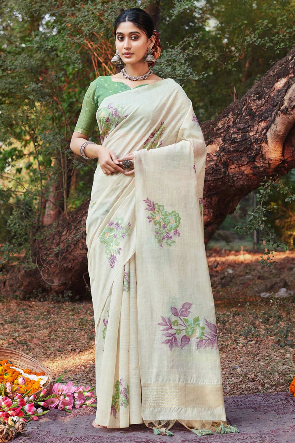 White Cotton Floral Saree