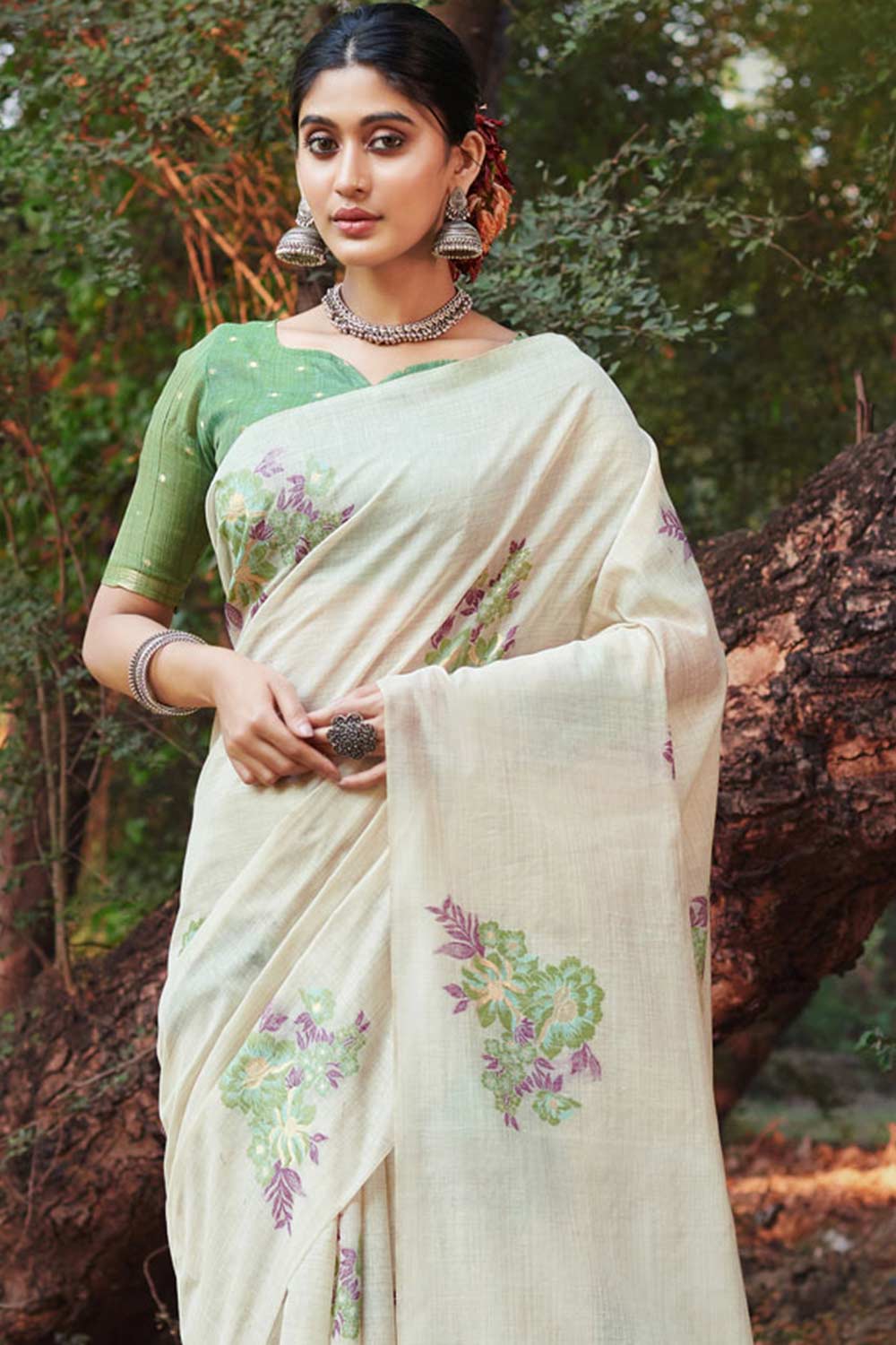 White Cotton Floral Saree