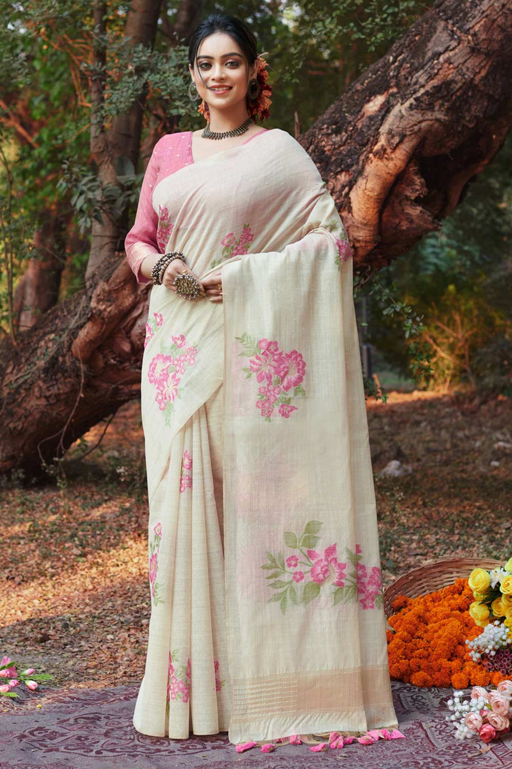 White Cotton Floral Saree